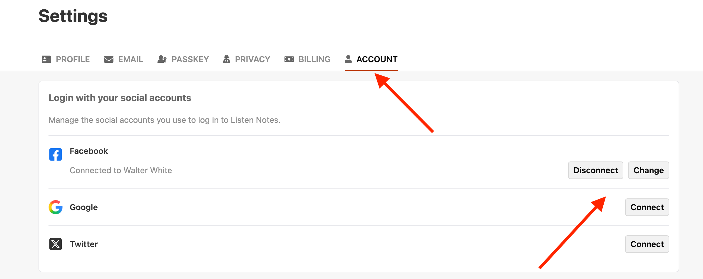 Listen Notes Settings ACCOUNT tab showing controls to connect, disconnect, or change Facebook, Google, and Twitter accounts.