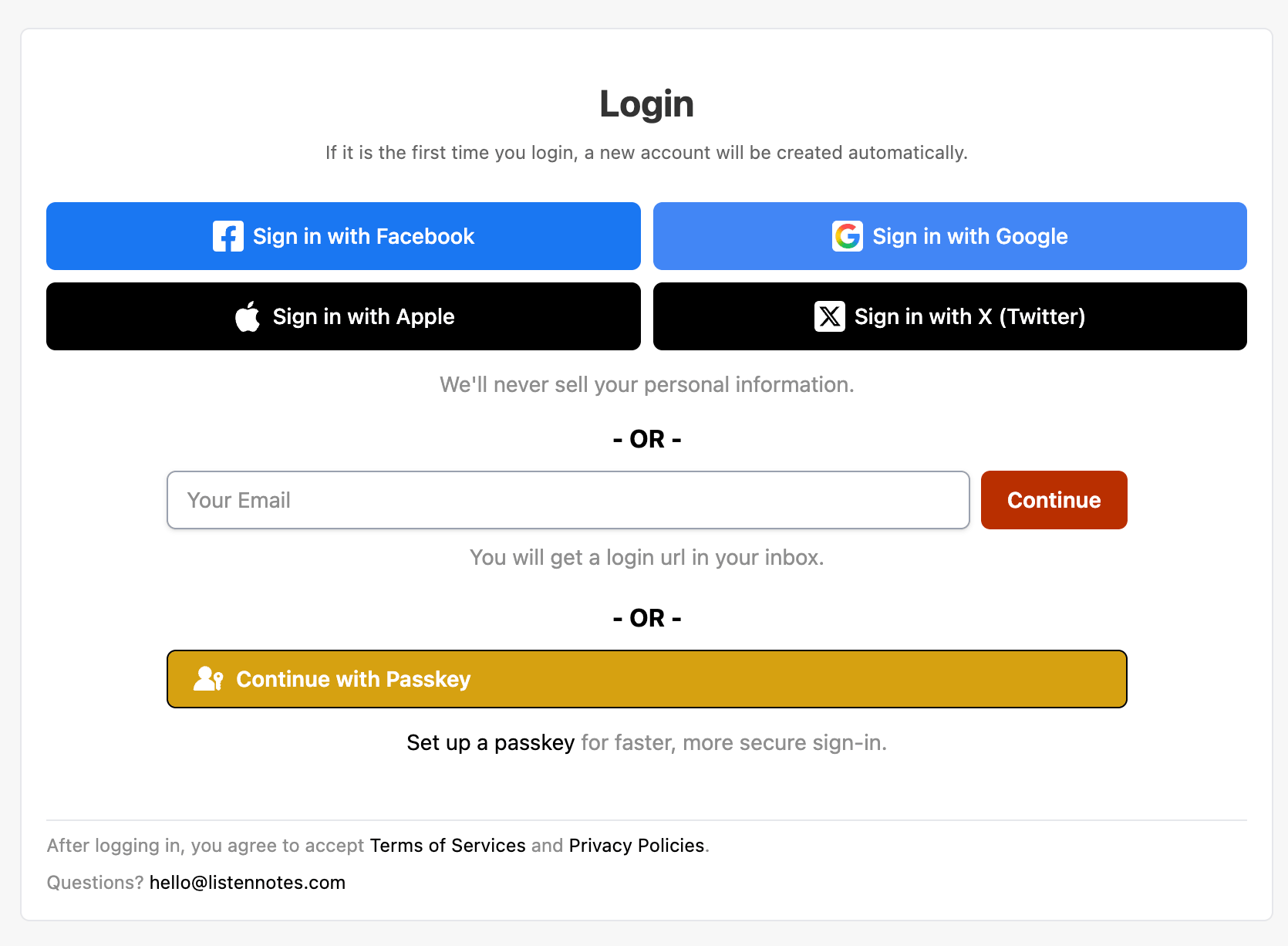 Listen Notes login page with Sign in with Apple alongside Facebook, Google, X, email, and passkey options.